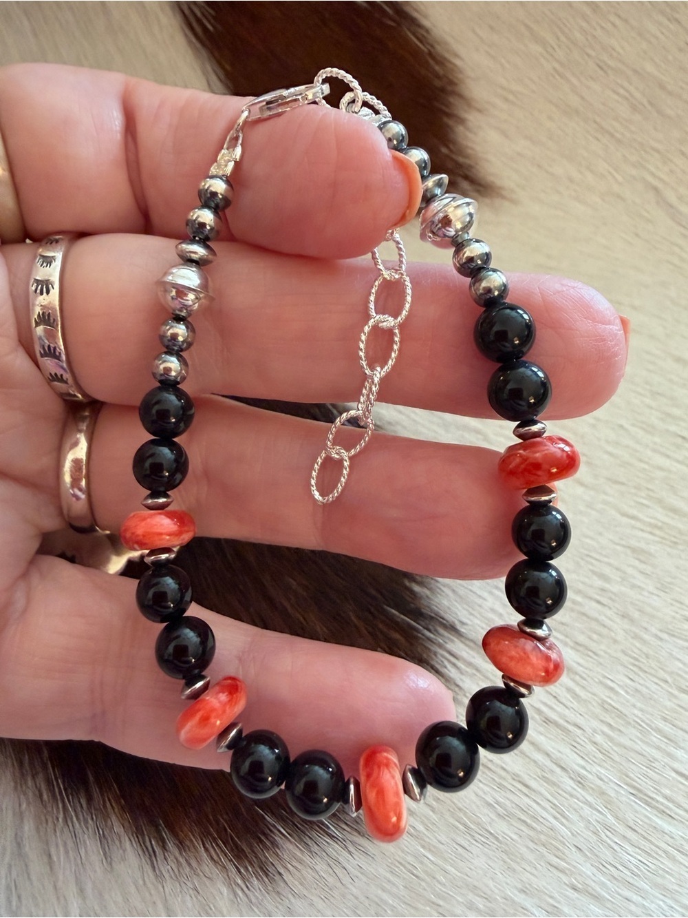 ❤️ 925 Navajo Desert Pearls Saucers Red Spiny Oyster & Black Onyx Bracelet 7+2”L